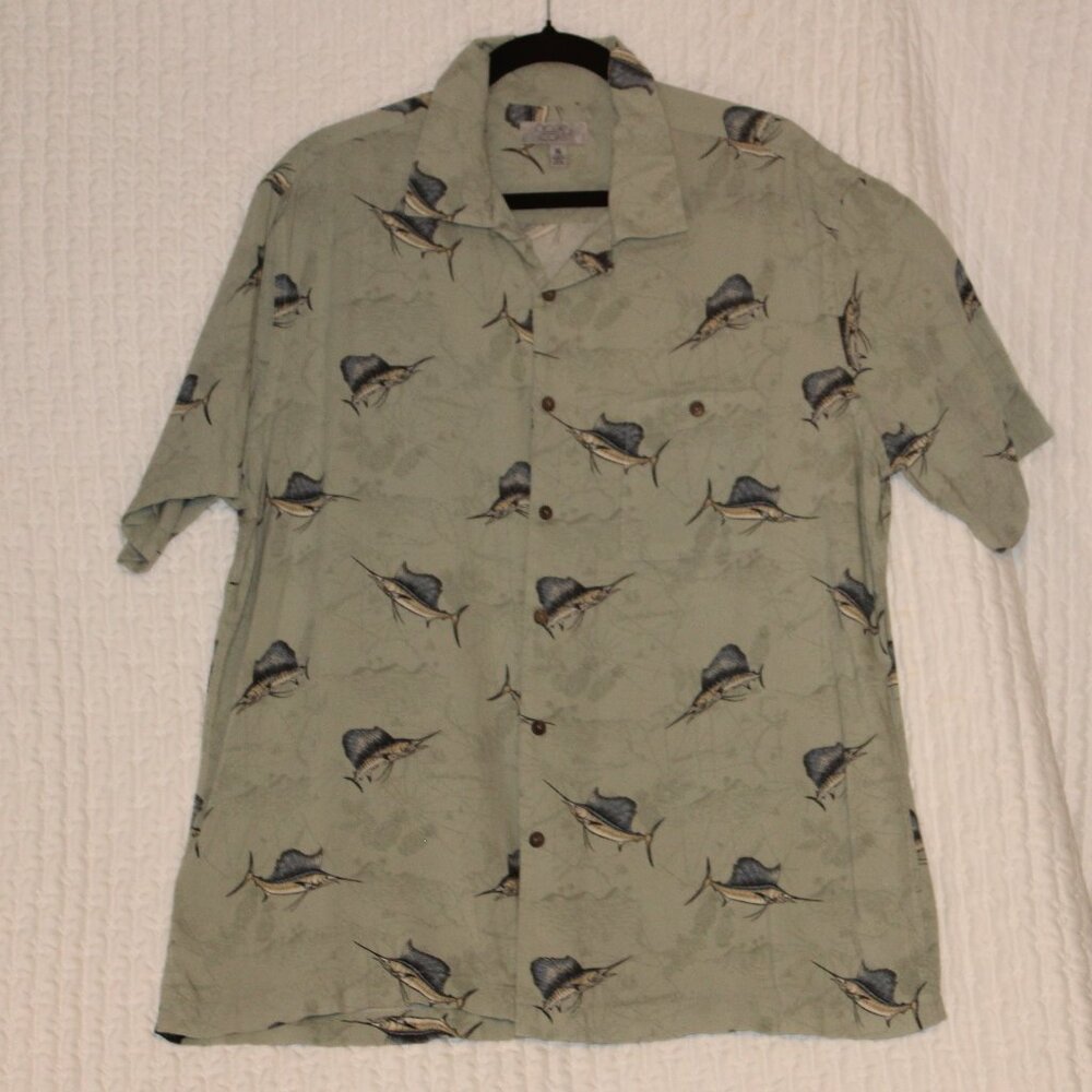 Ocean+Coast Short Sleeve Fishing Print Hawaiian Button Up rayon Shirt Sz XL